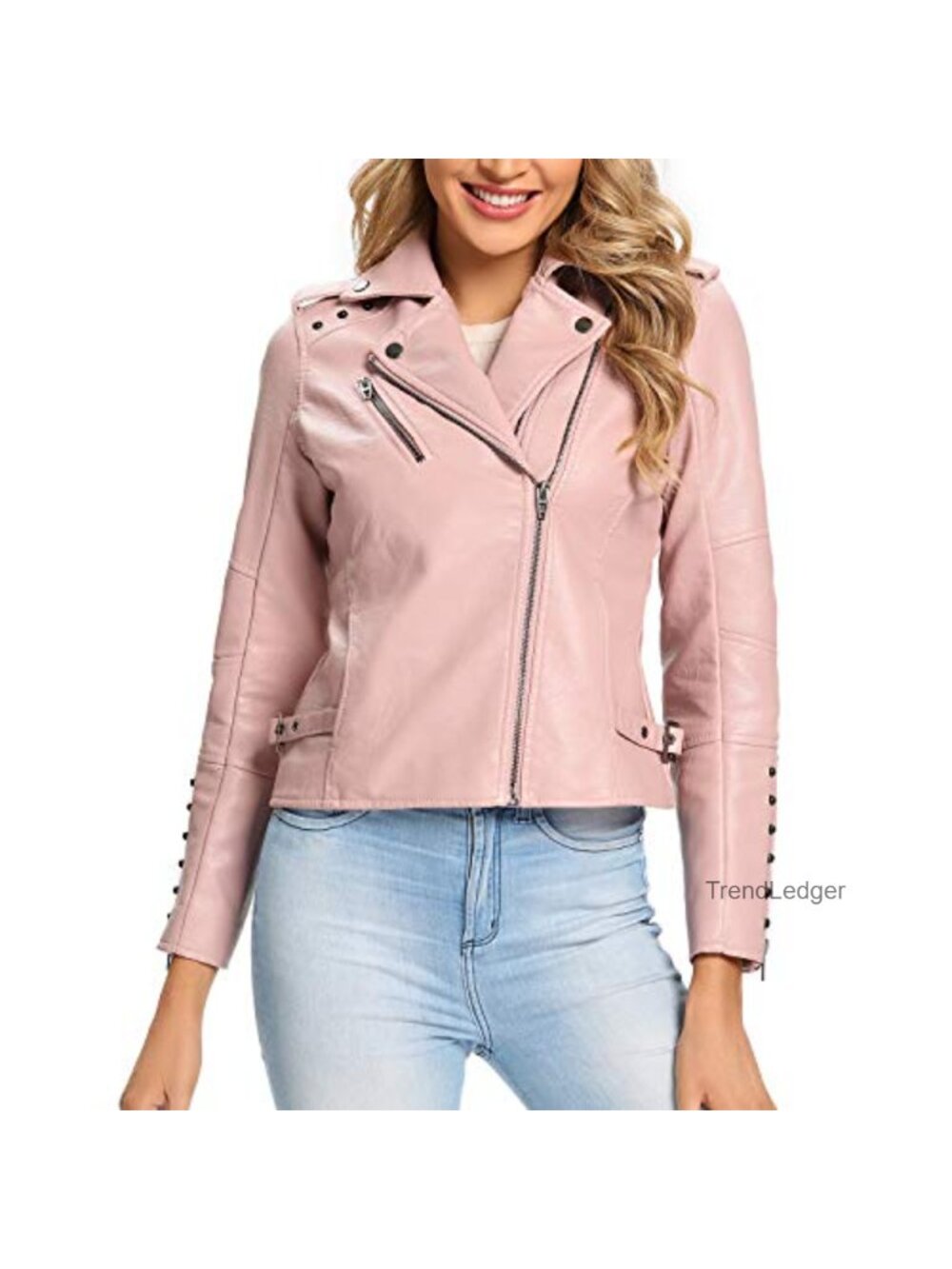 Faux Leather Moto Jacket Double Zip Up W/ Rivets Regular Plus Size